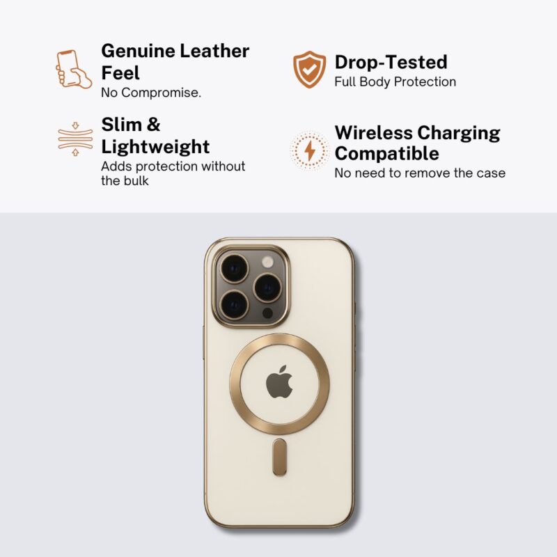 iPhone 14 Pro Cover with Gold Frame – MagSafe Compatible Transparent Case - Image 3