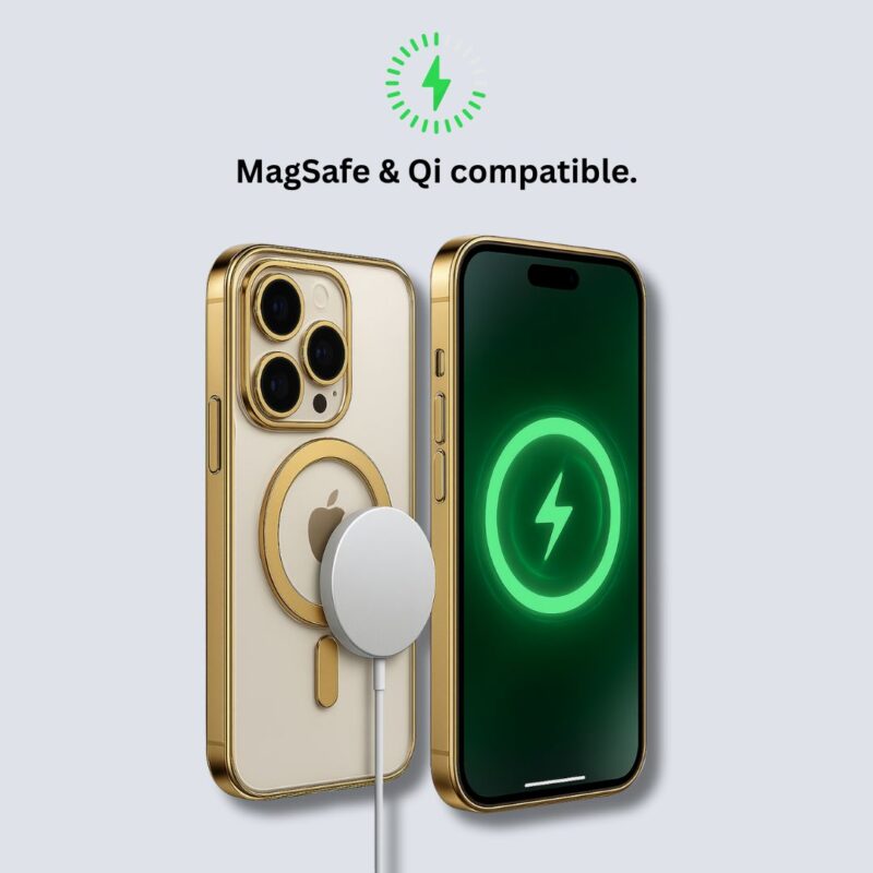 iPhone 14 Pro Cover with Gold Frame – MagSafe Compatible Transparent Case - Image 2
