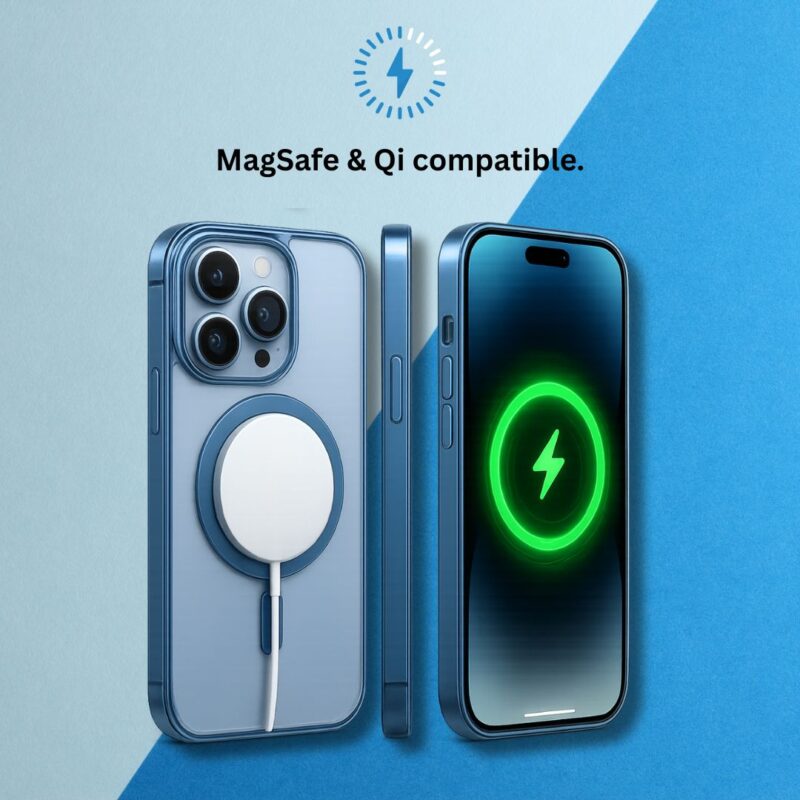 iPhone 14 Back Cover with MagSafe Support – Transparent Hard Back & Blue Bumper - Image 2