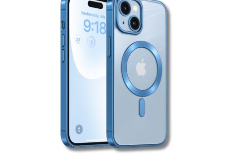 iPhone 14 Back Cover with MagSafe Support – Transparent Hard Back & Blue Bumper