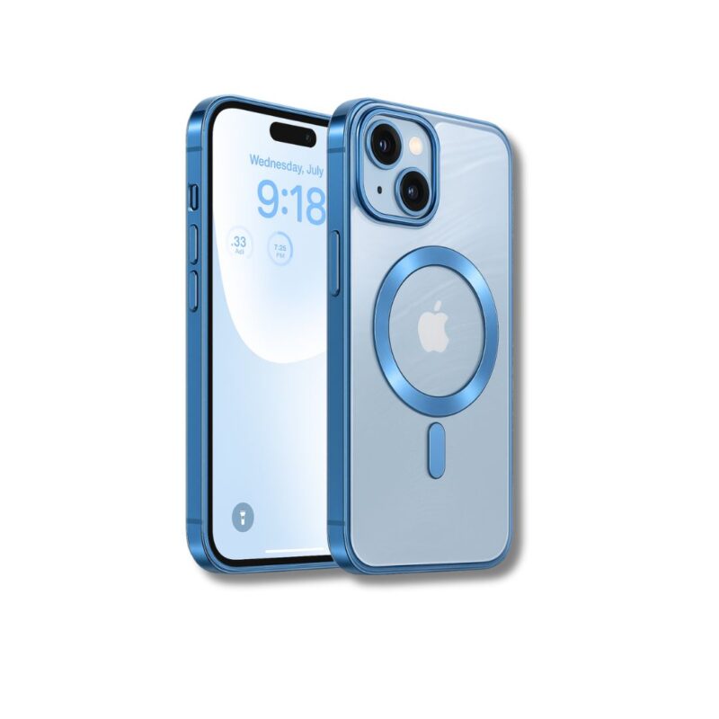 iPhone 14 Back Cover with MagSafe Support – Transparent Hard Back & Blue Bumper