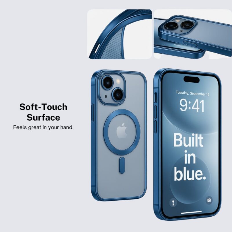 iPhone 14 Back Cover with MagSafe Support – Transparent Hard Back & Blue Bumper - Image 5