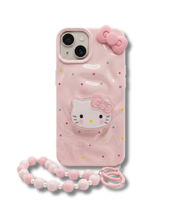 Pink Bow Cat Face iPhone Case with Beaded Wrist Charm
